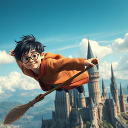 A boy resembling Harry Potter flying on a Quidditch broomstick high above the sky, with the beautiful Hogwarts castle in the background