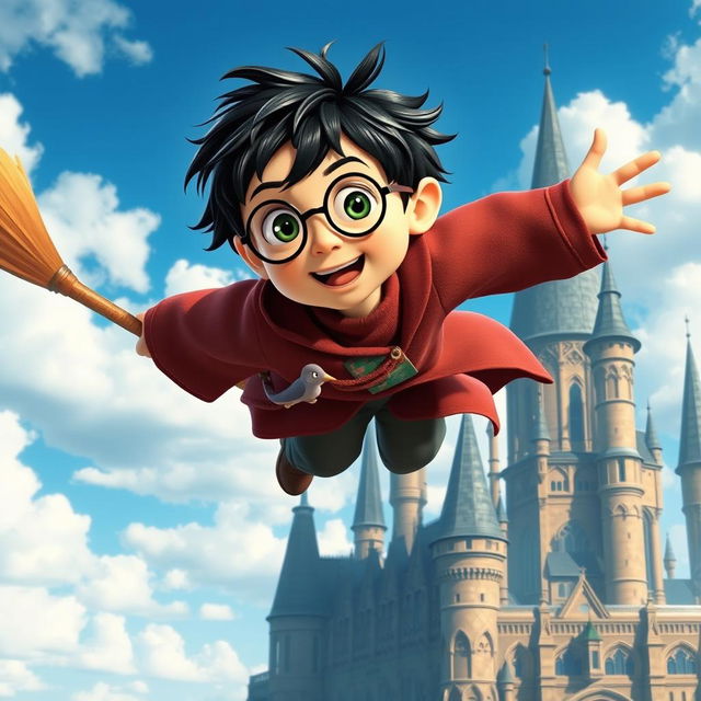 A boy resembling Harry Potter flying on a Quidditch broomstick high above the sky, with the beautiful Hogwarts castle in the background