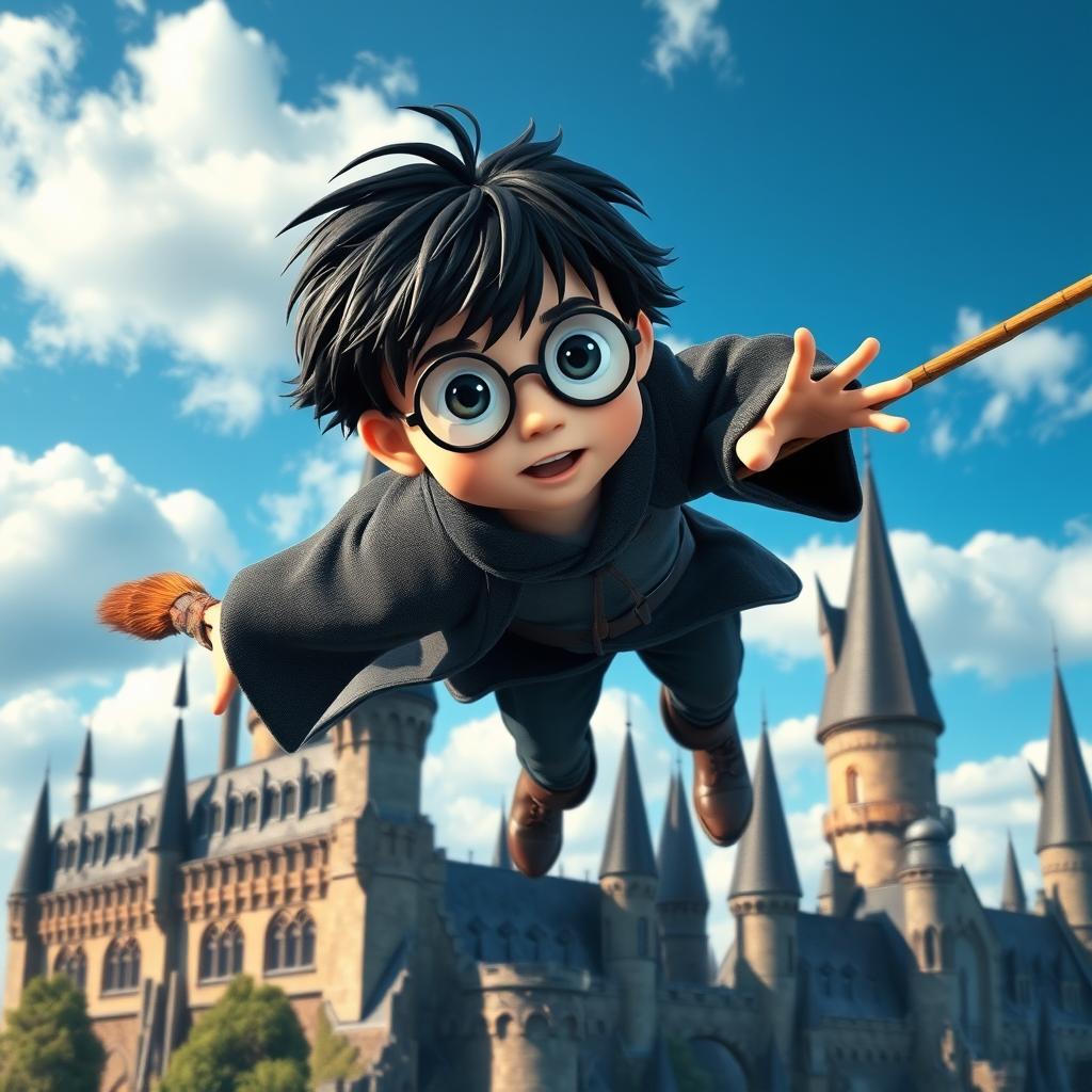 A boy resembling Harry Potter flying on a Quidditch broomstick high above the sky, with the beautiful Hogwarts castle in the background