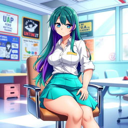 A female character inspired by Boku no Hero Academia, featuring captivating blue eyes and long hair that is green with a gradient transitioning to purple at the ends
