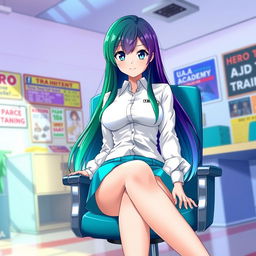 A female character inspired by Boku no Hero Academia, featuring captivating blue eyes and long hair that is green with a gradient transitioning to purple at the ends