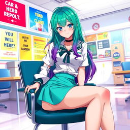 A female character inspired by Boku no Hero Academia, featuring captivating blue eyes and long hair that is green with a gradient transitioning to purple at the ends