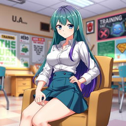 A female character inspired by Boku no Hero Academia, featuring striking blue eyes and long hair that is green with a gradient transitioning to purple at the ends