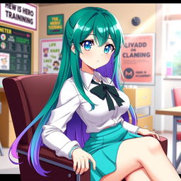A female character inspired by Boku no Hero Academia, featuring striking blue eyes and long hair that is green with a gradient transitioning to purple at the ends