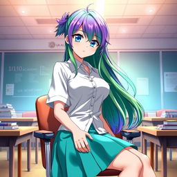 A 16-year-old female character inspired by Boku no Hero Academia, featuring striking blue eyes and long hair that is green with a gradient transitioning to purple at the ends
