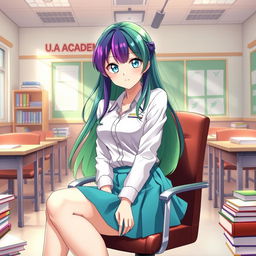 A 16-year-old female character inspired by Boku no Hero Academia, featuring striking blue eyes and long hair that is green with a gradient transitioning to purple at the ends