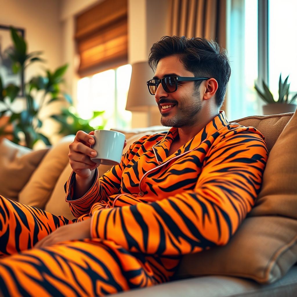 A stylish man lounging comfortably at home, wearing vibrant tiger print pajamas that showcase bold stripes and bright orange colors