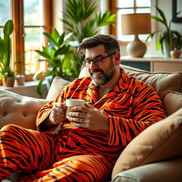 A stylish man lounging comfortably at home, wearing vibrant tiger print pajamas that showcase bold stripes and bright orange colors