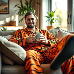 A stylish man lounging comfortably at home, wearing vibrant tiger print pajamas that showcase bold stripes and bright orange colors