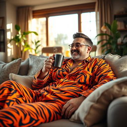 A stylish man lounging comfortably at home, wearing vibrant tiger print pajamas that showcase bold stripes and bright orange colors