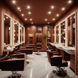 An elegant saloon interior featuring distinct areas for hair cutting, hair washing, manicure and pedicure, facial treatments, and a makeup area. The design should be stylish and modern.