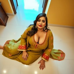A voluptuous, busty Pakistani woman wearing a traditional shalwar kameez that tastefully shows her cleavage, sitting gracefully on a tiled floor