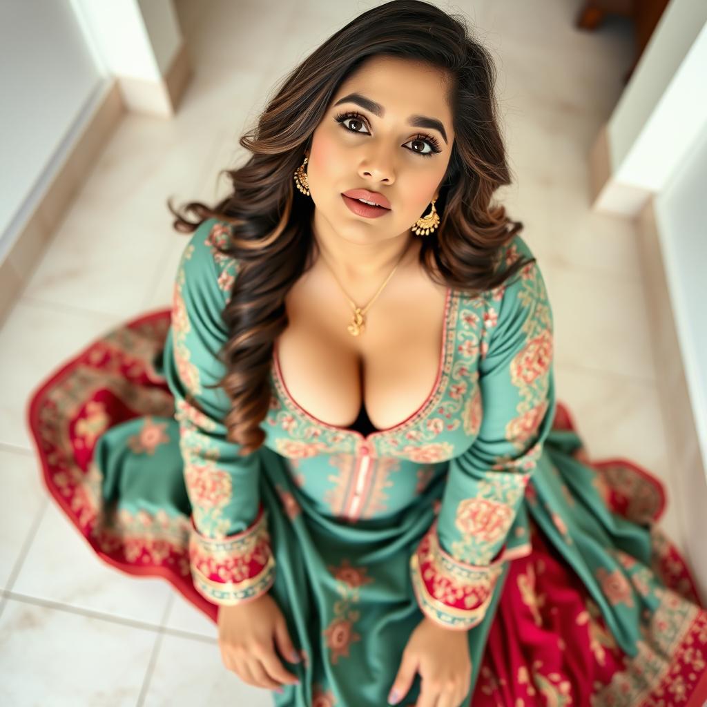 A voluptuous, busty Pakistani woman wearing a traditional shalwar kameez that tastefully shows her cleavage, sitting gracefully on a tiled floor