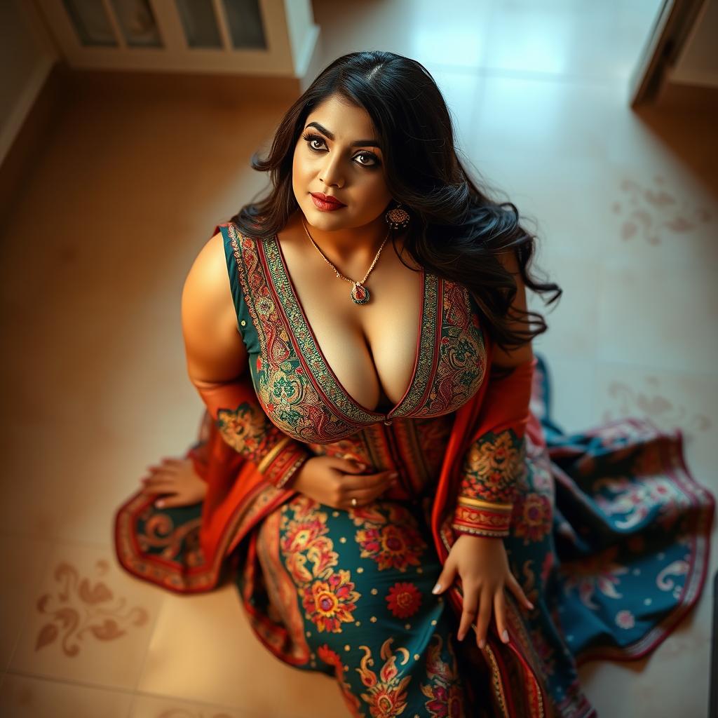 A voluptuous, busty Pakistani woman in a colorful shalwar kamiz, showcasing deep cleavage while sitting gracefully on a tiled floor