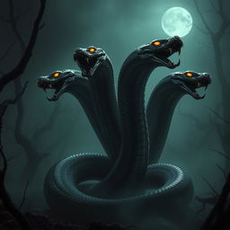 A terrifying seven-headed snake emerging from a dark, ominous forest