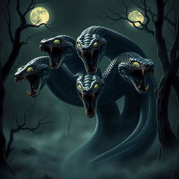 A terrifying seven-headed snake emerging from a dark, ominous forest
