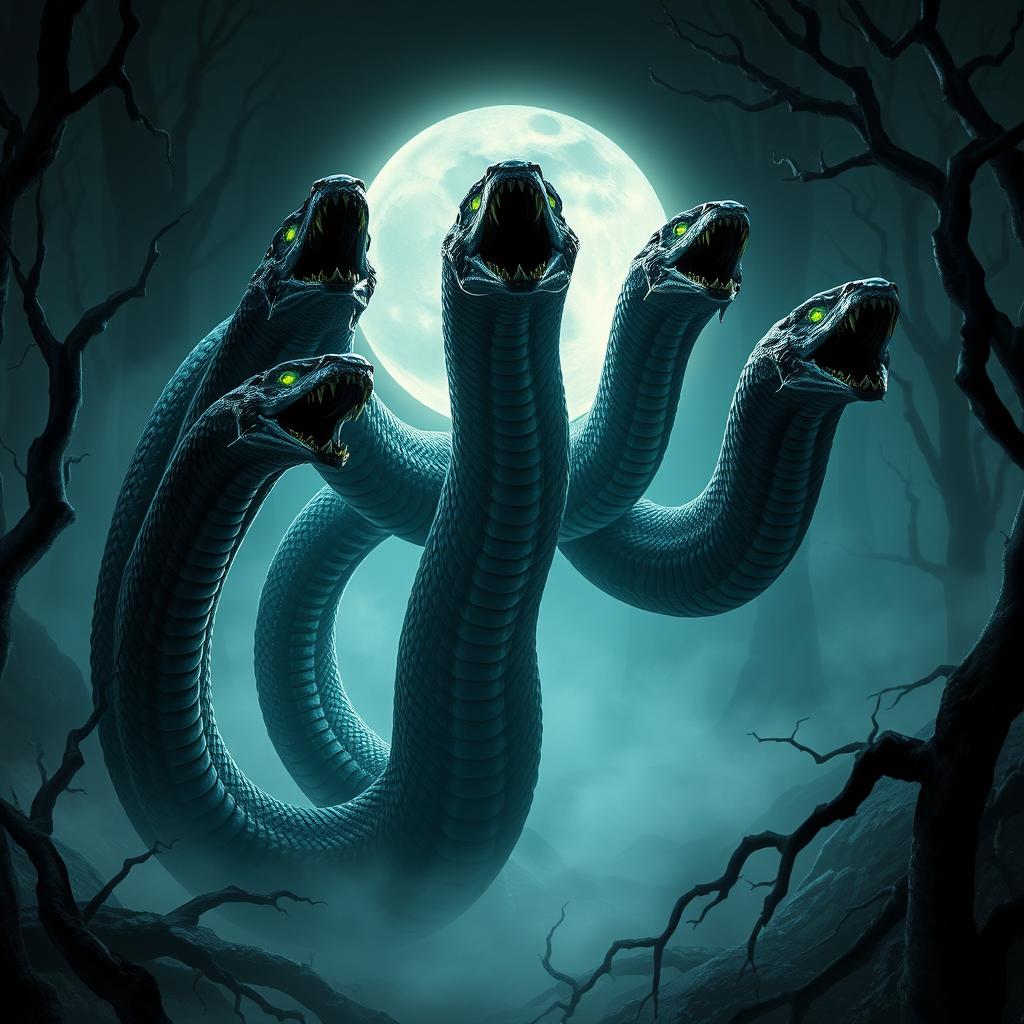 A terrifying seven-headed snake emerging from a dark, ominous forest
