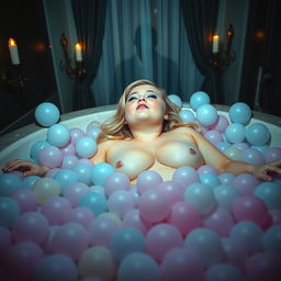 A beautiful 18-year-old girl with a chubby, sensuous figure and flowing blond hair, adorned with bright frosted pastel blue eye shadow, thick black eyeliner, long lashes, and vivid pink lipstick