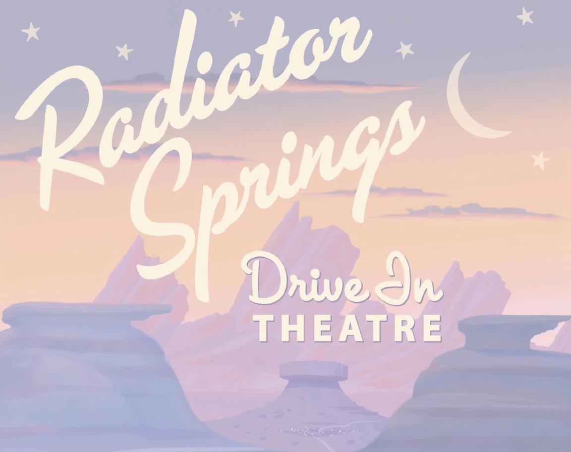 A nostalgic drive-in theater scene set in a picturesque desert landscape, featuring classic vintage cars parked in front of a large screen displaying the sky