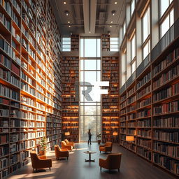 A stunning 3D library with towering bookshelves filled with books, soft warm lighting illuminating the space, cozy reading nooks with plush chairs, and large windows allowing natural light to pour in