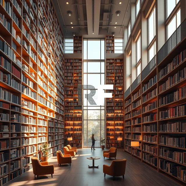 A stunning 3D library with towering bookshelves filled with books, soft warm lighting illuminating the space, cozy reading nooks with plush chairs, and large windows allowing natural light to pour in