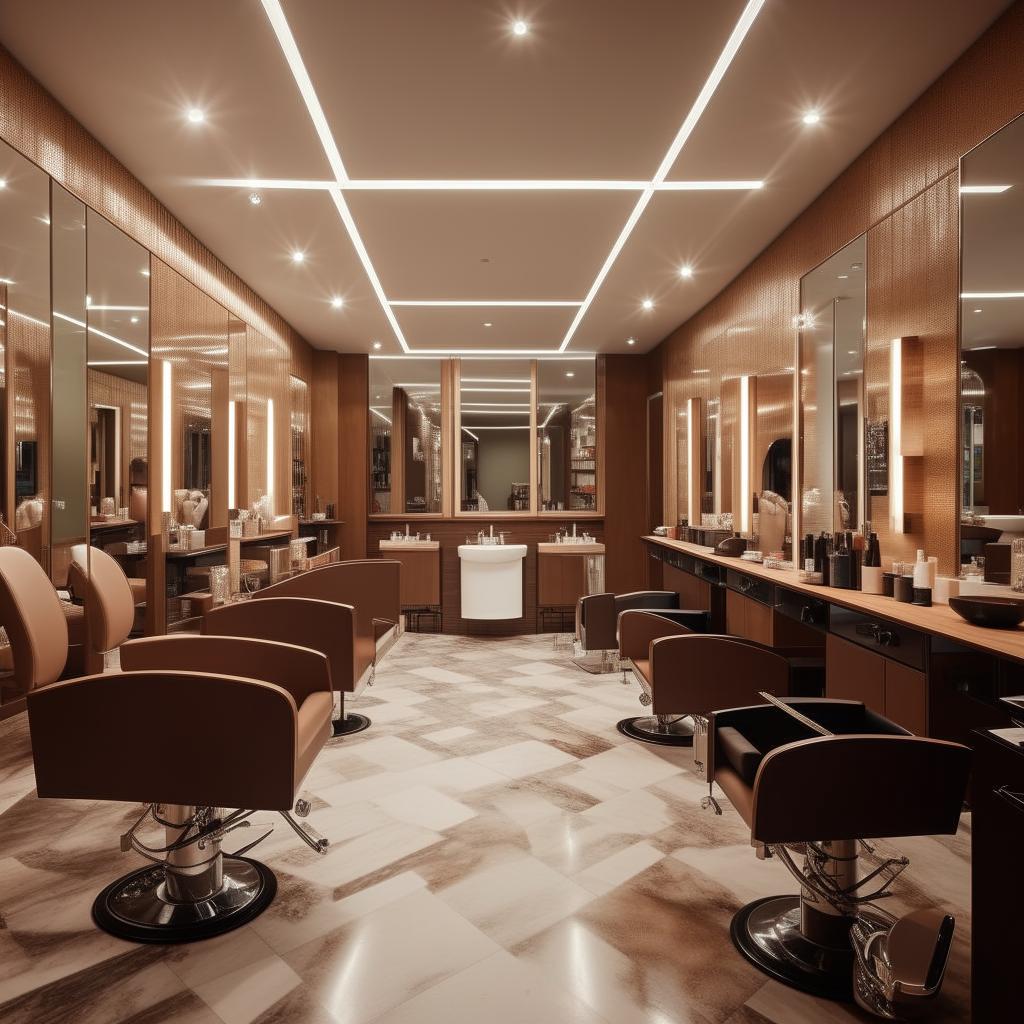 An elegant saloon interior featuring distinct areas for hair cutting, hair washing, manicure and pedicure, facial treatments, and a makeup area. The design should be stylish and modern.