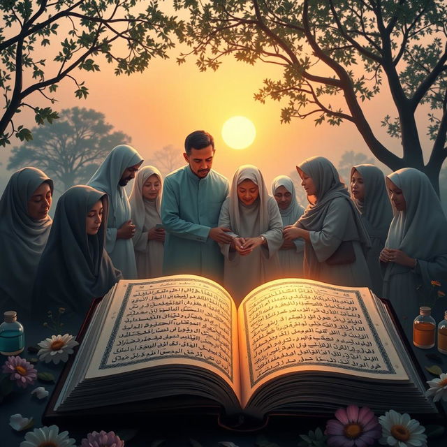 A poignant scene depicting the themes of sadness and healing from the Quran