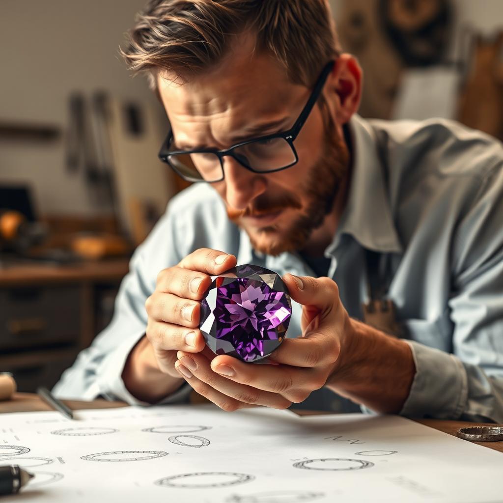 A focused man examining a beautiful, large amethyst gemstone in his hands, contemplating how to incorporate it into a ring design