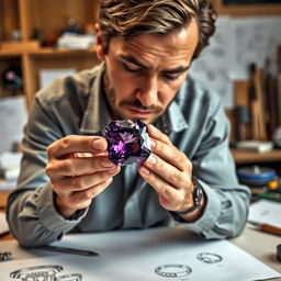 A focused man examining a beautiful, large amethyst gemstone in his hands, contemplating how to incorporate it into a ring design