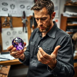 A focused man examining a beautiful, large amethyst gemstone in his hands, contemplating how to incorporate it into a ring design