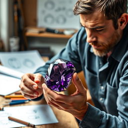 A focused man examining a beautiful, large amethyst gemstone in his hands, contemplating how to incorporate it into a ring design