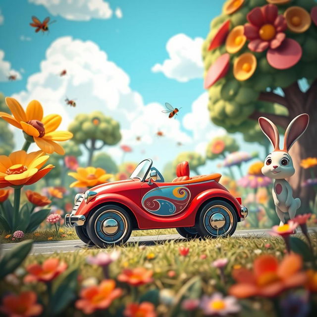 A whimsical scene featuring a colorful toy car driving through a vibrant, oversized world filled with giant flowers and fantastical trees