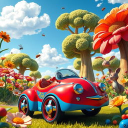 A whimsical scene featuring a colorful toy car driving through a vibrant, oversized world filled with giant flowers and fantastical trees