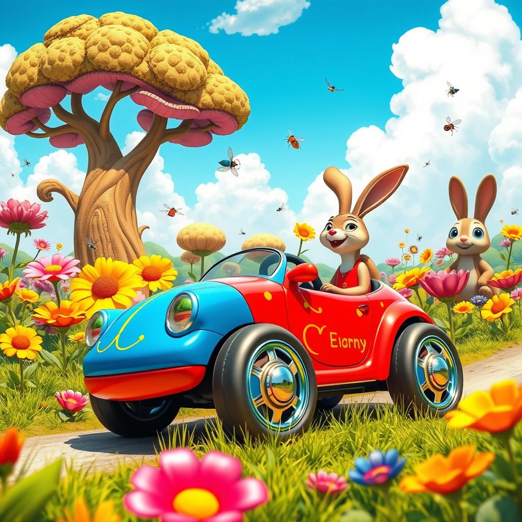 A whimsical scene featuring a colorful toy car driving through a vibrant, oversized world filled with giant flowers and fantastical trees