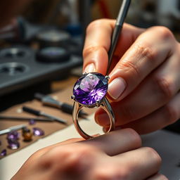 A close-up of a skilled jeweler's hands working meticulously to set a beautiful 2 cm amethyst gemstone into a blank silver ring