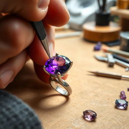 A close-up of a skilled jeweler's hands working meticulously to set a beautiful 2 cm amethyst gemstone into a blank silver ring