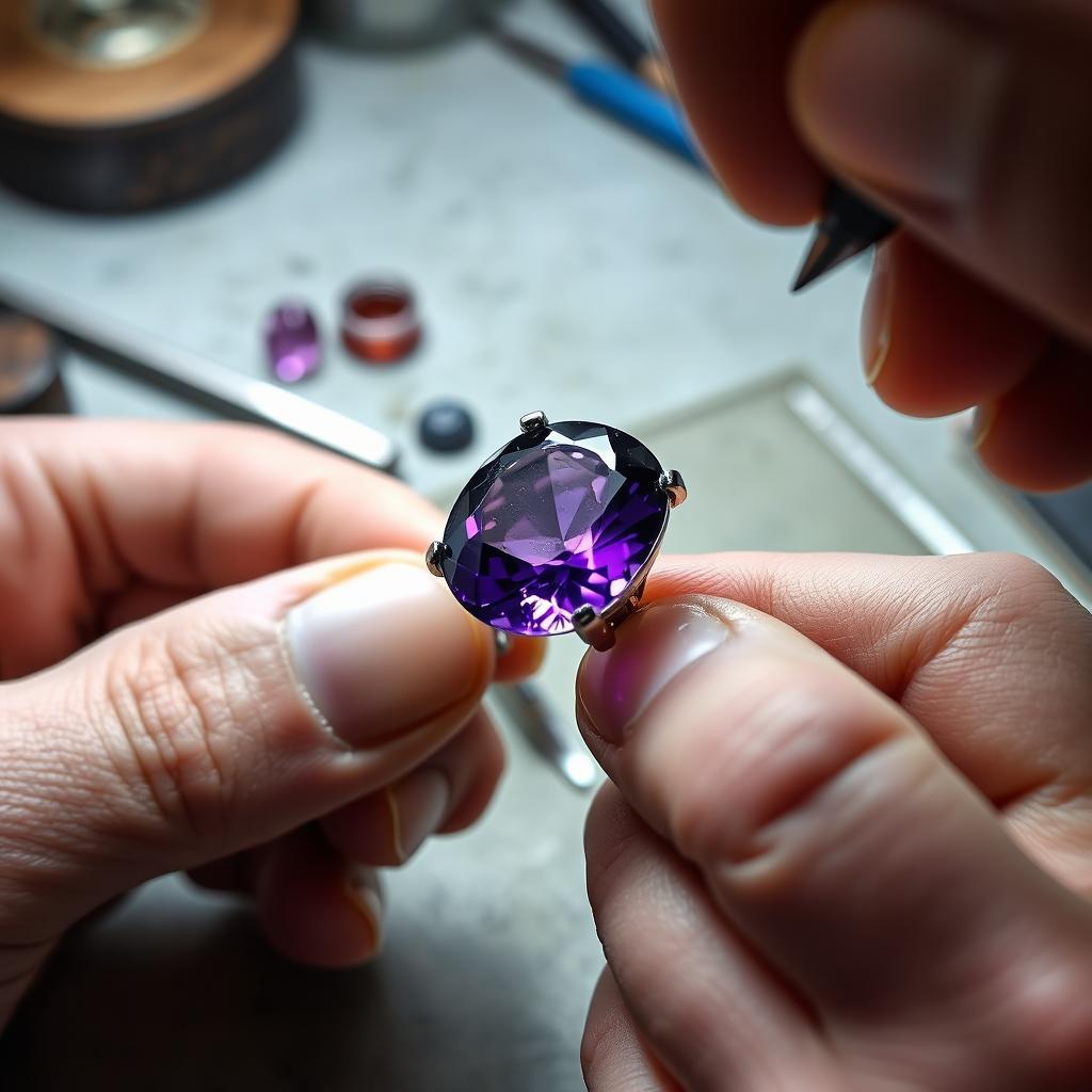 A close-up of a skilled jeweler's hands working meticulously to set a beautiful 2 cm amethyst gemstone into a blank silver ring