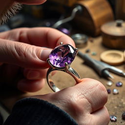 A close-up of a skilled jeweler's hands working meticulously to set a beautiful 2 cm amethyst gemstone into a blank silver ring