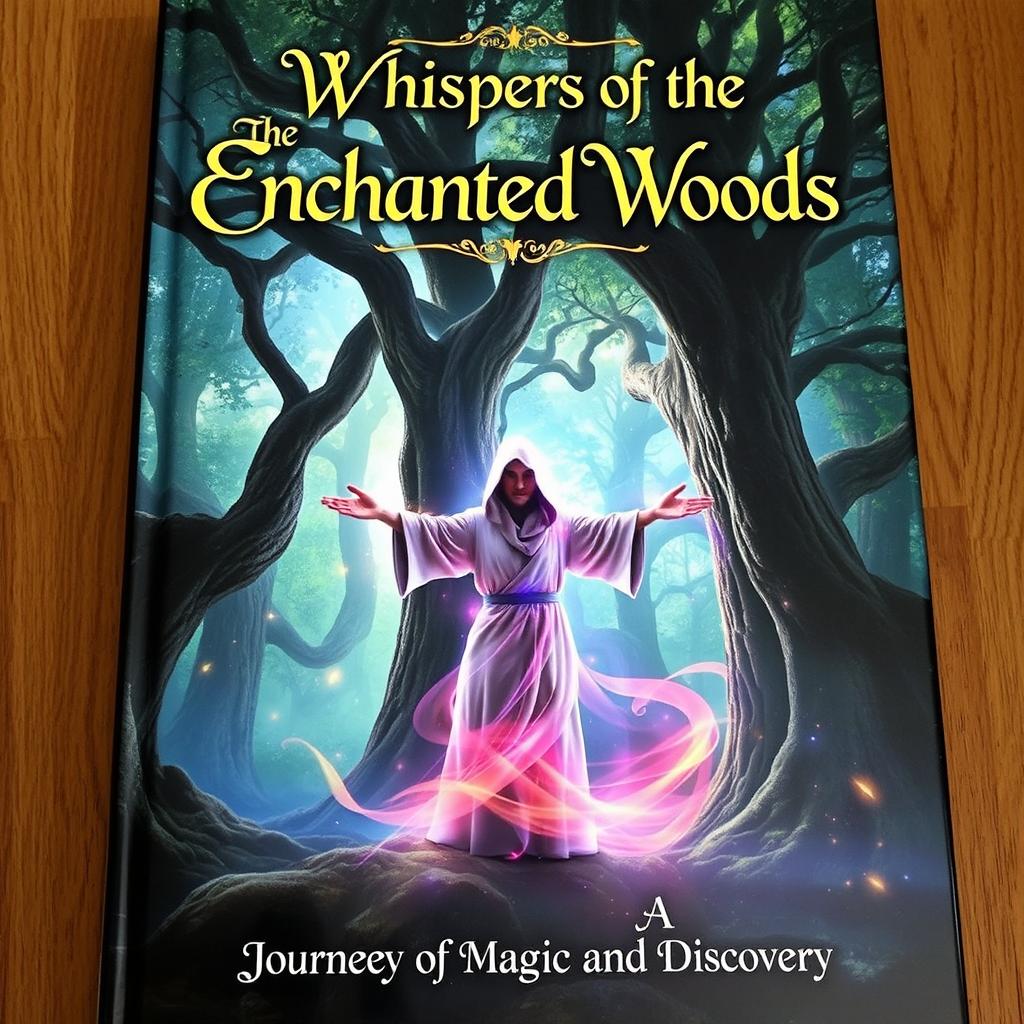 A captivating book cover that features a mystical forest with towering ancient trees and soft, glowing lights emanating from the foliage