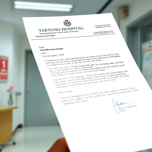 An image resembling a hospital letter, written on official letterhead from Tarutung Hospital, addressed to Yedo Willy Fransco Siregar