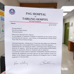 An image resembling a hospital letter, written on official letterhead from Tarutung Hospital, addressed to Yedo Willy Fransco Siregar