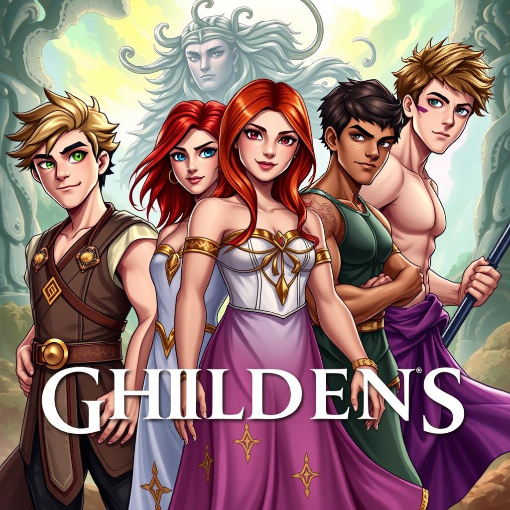 An exciting fantasy book cover featuring six dynamic characters representing the children of Greek gods in a vibrant mythical setting