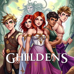 An exciting fantasy book cover featuring six dynamic characters representing the children of Greek gods in a vibrant mythical setting