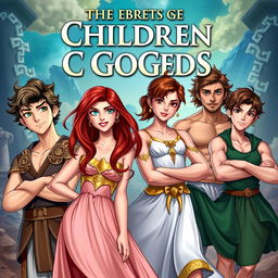 An exciting fantasy book cover featuring six dynamic characters representing the children of Greek gods in a vibrant mythical setting