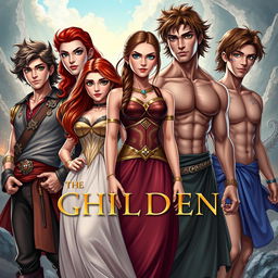 An exciting fantasy book cover featuring six dynamic characters representing the children of Greek gods in a vibrant mythical setting