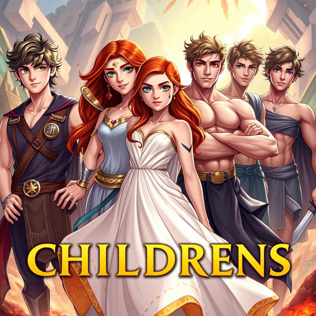 An exciting fantasy book cover featuring six dynamic characters representing the children of Greek gods in a vibrant mythical setting