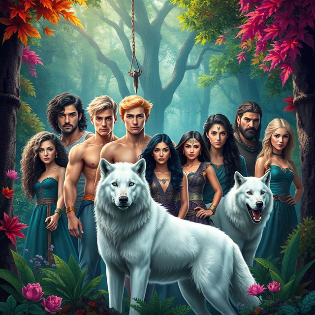 An epic fantasy book cover showcasing a diverse group of ten characters amidst a vibrant and lush forest backdrop, embodying the essence of Greek mythology