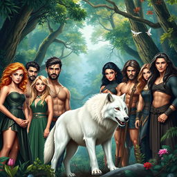 An epic fantasy book cover showcasing a diverse group of ten characters amidst a vibrant and lush forest backdrop, embodying the essence of Greek mythology