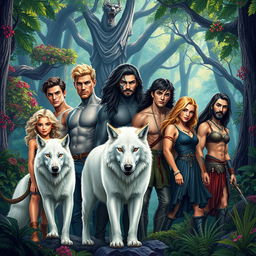 An epic fantasy book cover showcasing a diverse group of ten characters amidst a vibrant and lush forest backdrop, embodying the essence of Greek mythology