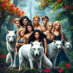 An epic fantasy book cover showcasing a diverse group of ten characters amidst a vibrant and lush forest backdrop, embodying the essence of Greek mythology